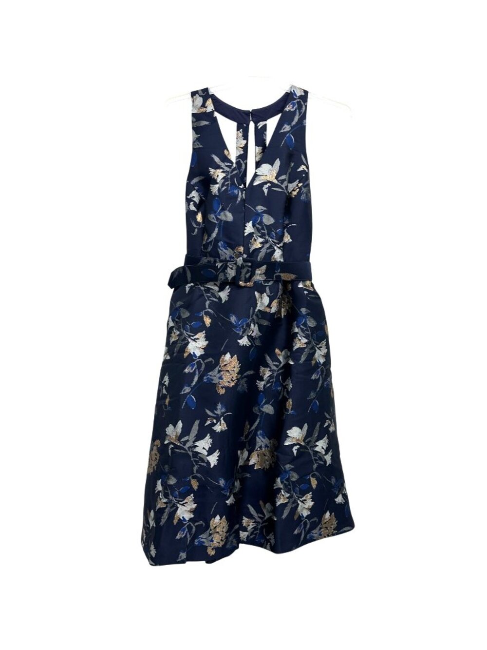 1901 Nordstrom Navy Floral Metallic Jacquard Belted Midi Dress Womens 16 NEW